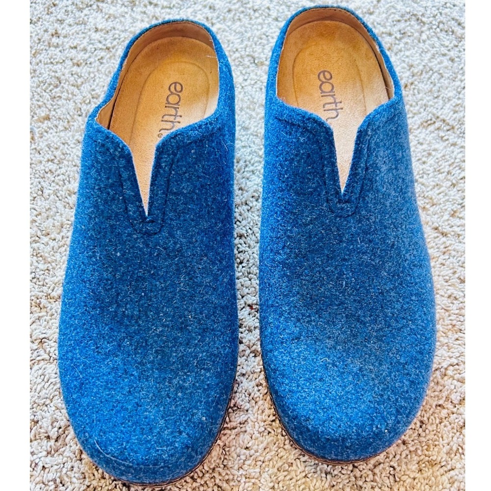 Earth Kolia Blue Felted Wool Clogs Mules V-Notch Cork Midsole Womens 10M